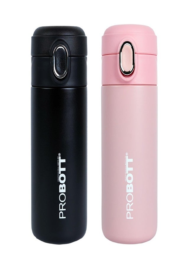 Probott Pride 300ml Thermosteel Hot & Cold Insulated Stainless Steel Travel Mug, Spill Proof | Coffee Tea Mug | Juice Mug | Water Flask | Easy Grip Easy to Carry | Pack of 2 | Jet Black+Flesh Pink - Image 1